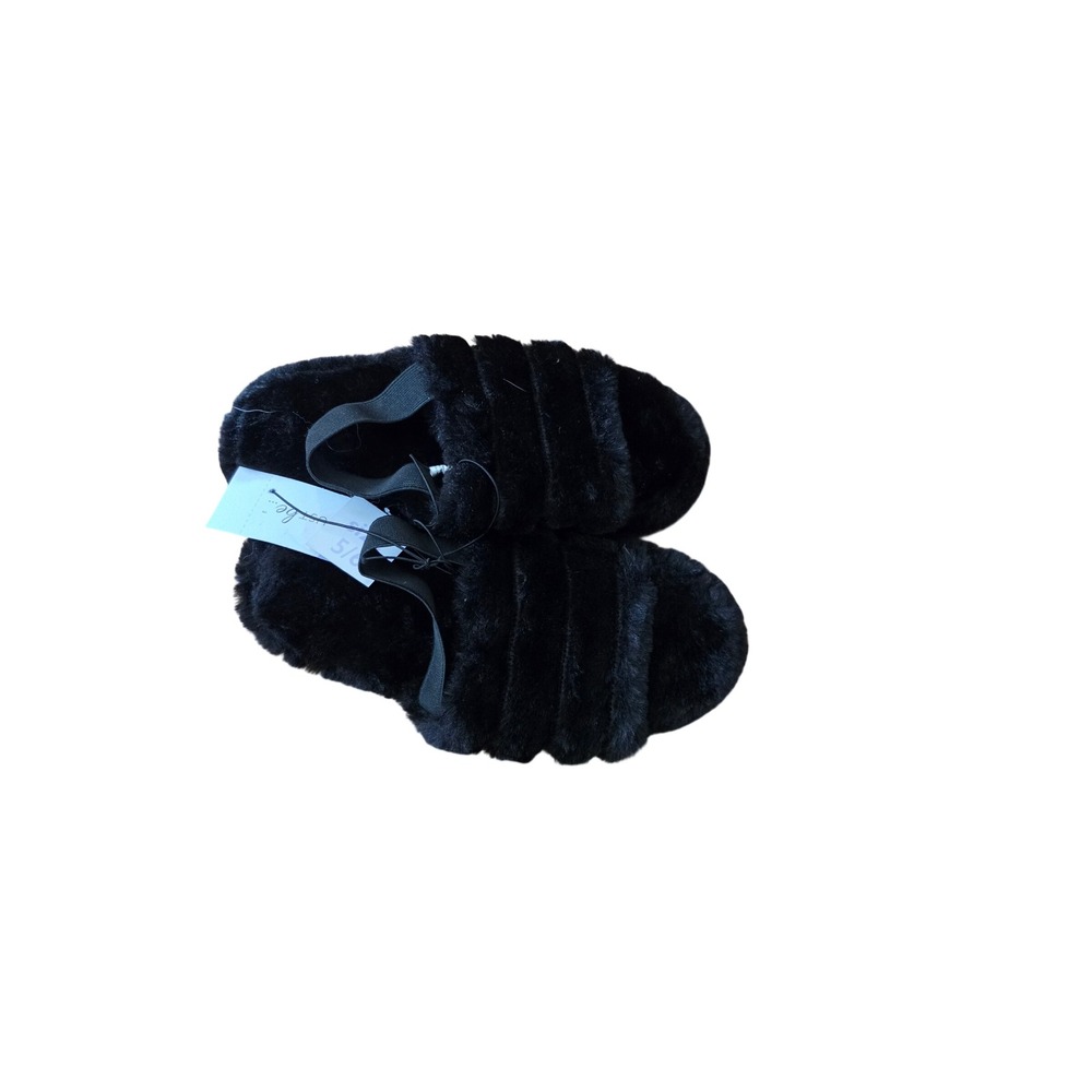 Just Be Womens Faux Fur Slingback Slippers Black Fuzzy Slides Size 5/6 NEW